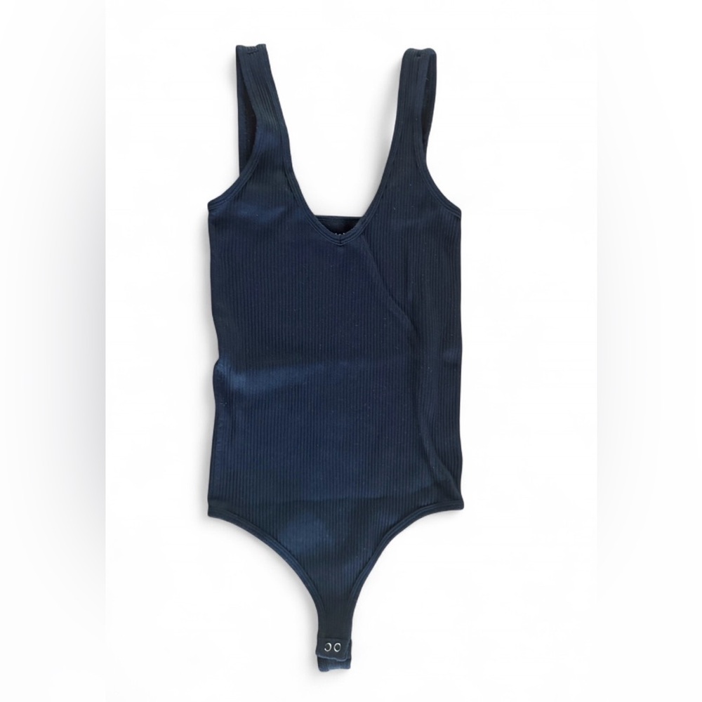 Free People Navy Ribbed V-Neck Tank Bodysuit
